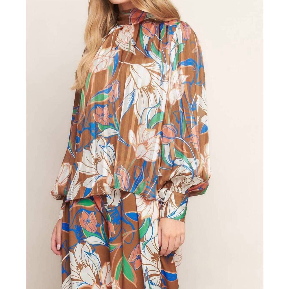 NEW FLYING TOMATO tie floral blouse in brown - Picture 3 of 4
